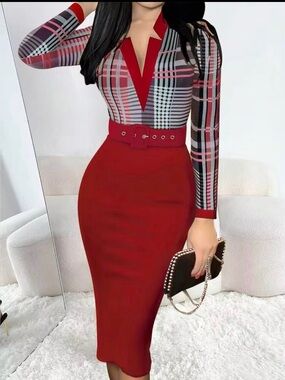 Red Plaid-Top Pencil Skirt Dress no belt